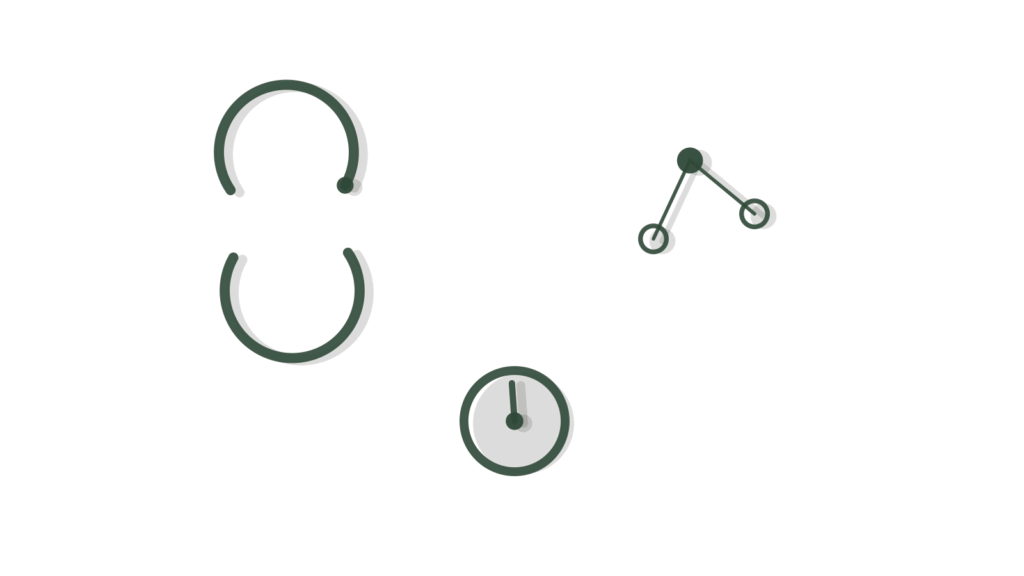Sync arrows, connected flow-node discs and a turning dial scattered on a desk, showing a recovery sequence in motion.