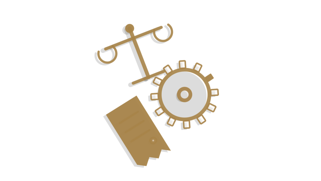 Balanced brass scale with a small gear and a paper receipt, showing account risk weighed before it tips.