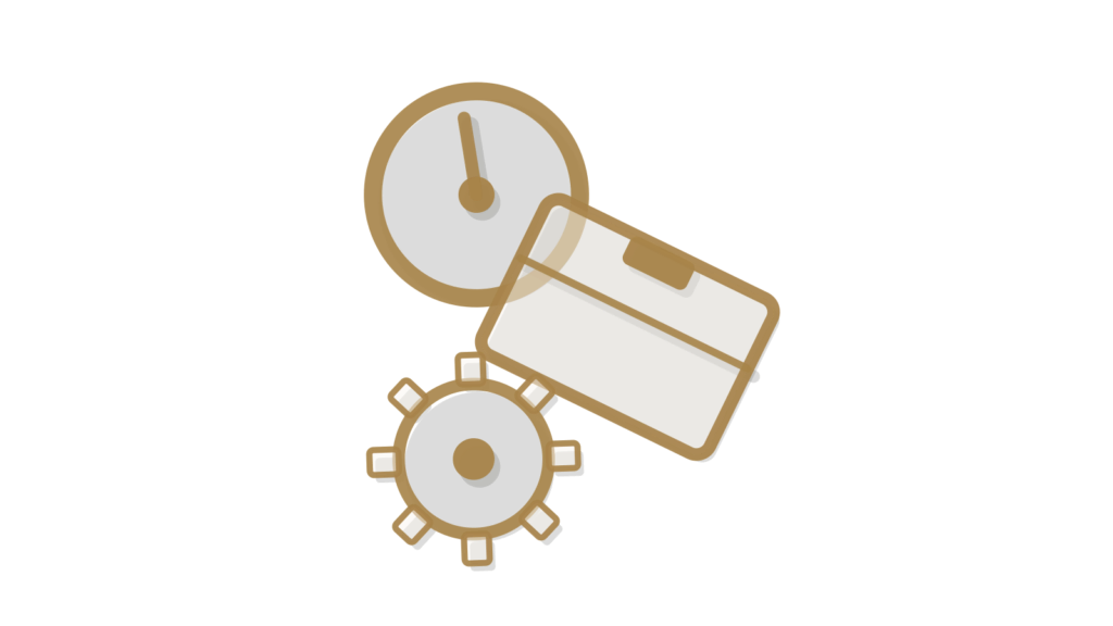 A dial, a hinged box and an interlocking gear arranged isometrically, suggesting invoices moving through approval.