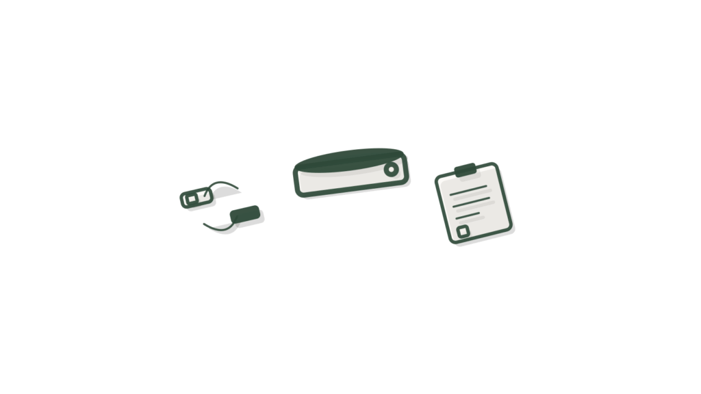 A brass scale held level with paper slips on one pan and wooden counters on the other, showing payments matched to invoices.