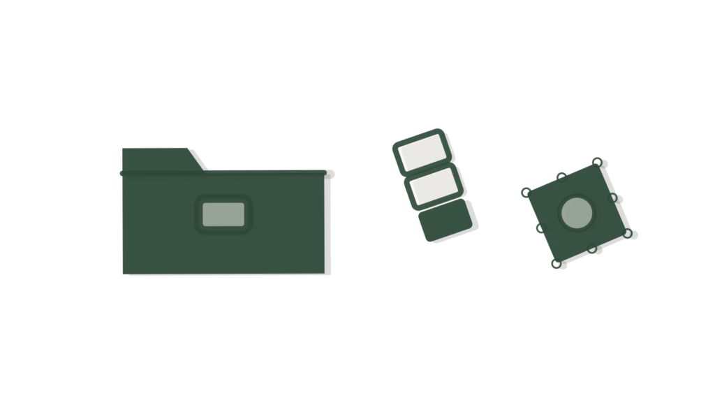 A folder, a cursor shape and a small stamp laid flat, standing for campaign-ready ad creative.