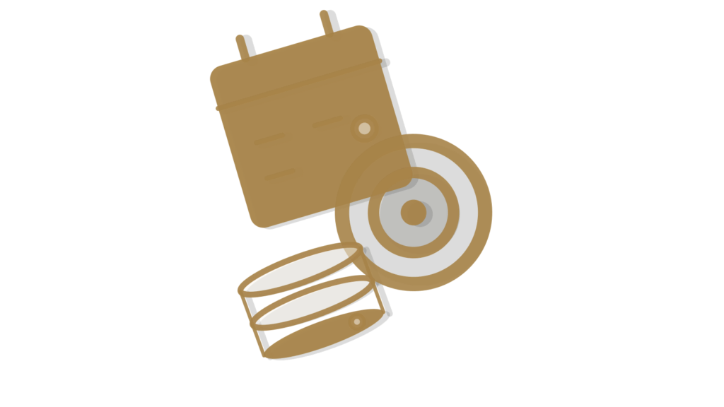Isometric calendar page, brass target ring and a wide data cylinder, standing in for feature adoption tracked over time.