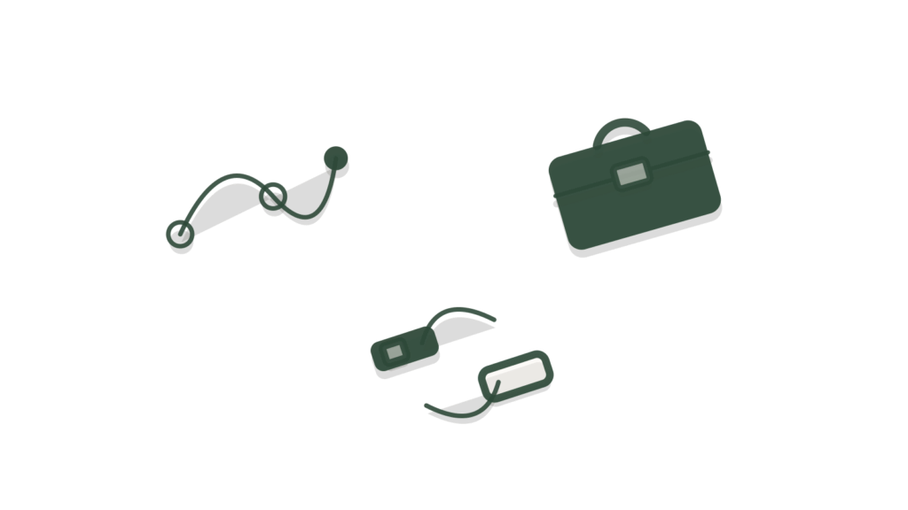 Brass line connecting a briefcase to two trays, showing a new client onboarded from intake to delivery.