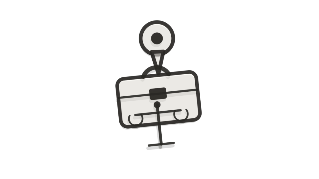 Pin, cutaway briefcase and a level scale, showing a deliverable packaged, routed and balanced through sign-off.