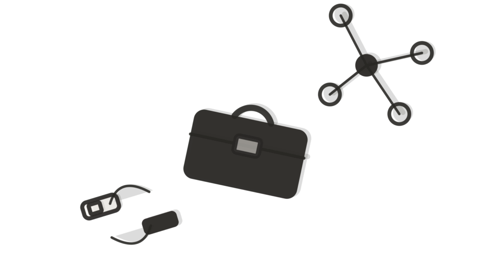Tray exchanging a document with a briefcase beside connected brass dots, a deliverable checked before sending.