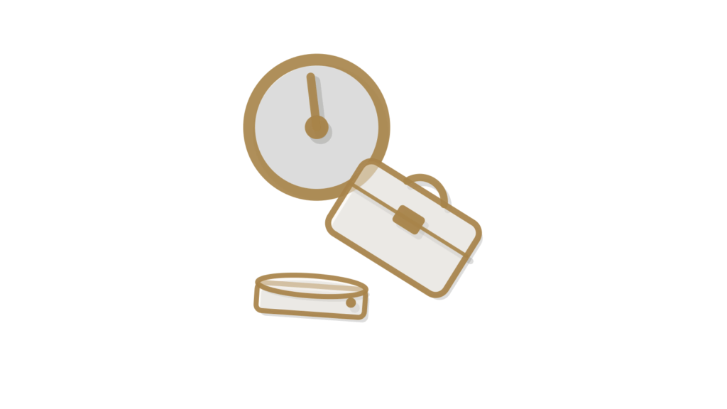 Brass dial, briefcase and report tray in an isometric still life, showing campaign performance turned into a report.