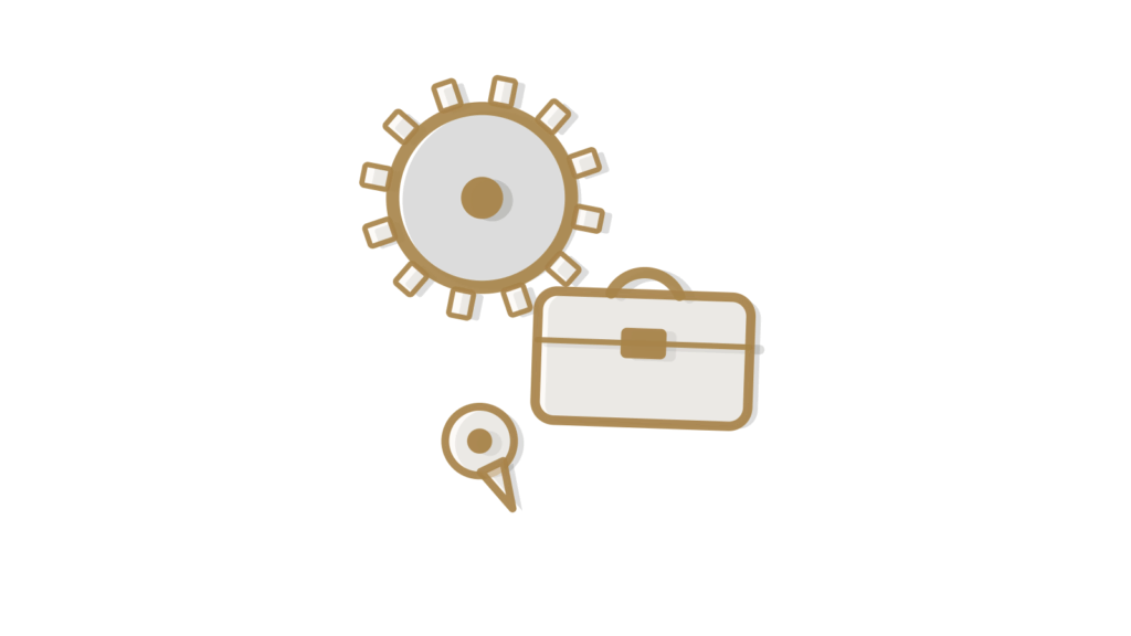 Small brass gear, briefcase and a map pin, showing a lead qualified and booked onto a discovery call.