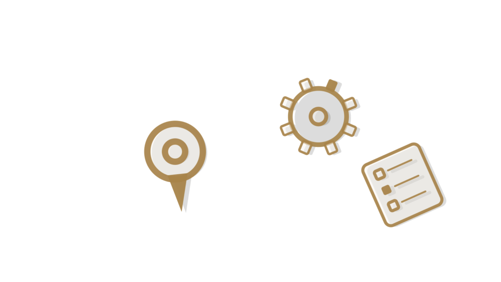 Brass pin, gear and checklist card leaned together, standing for shared knowledge every agent can query.