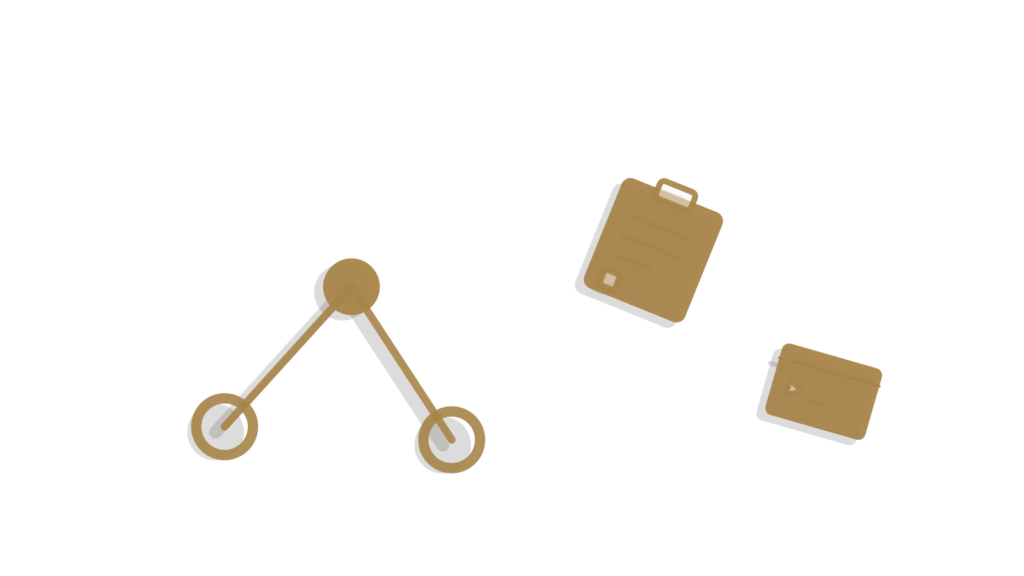 A clipboard beside a terminal card and brass node cluster, showing agent actions kept as a record.