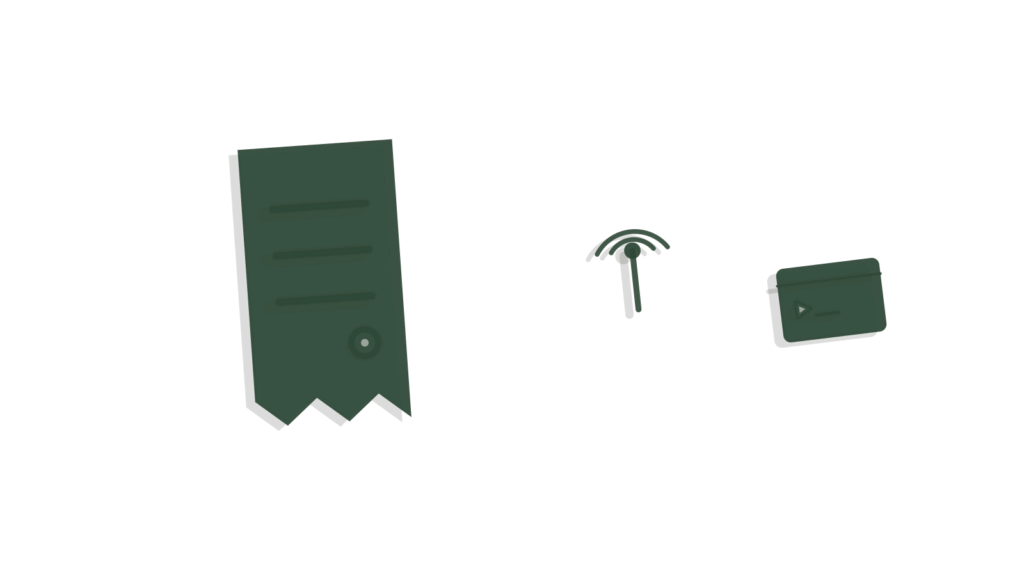 Receipt beside a signal tower shape and a blank terminal card, standing for context an agent carries forward.
