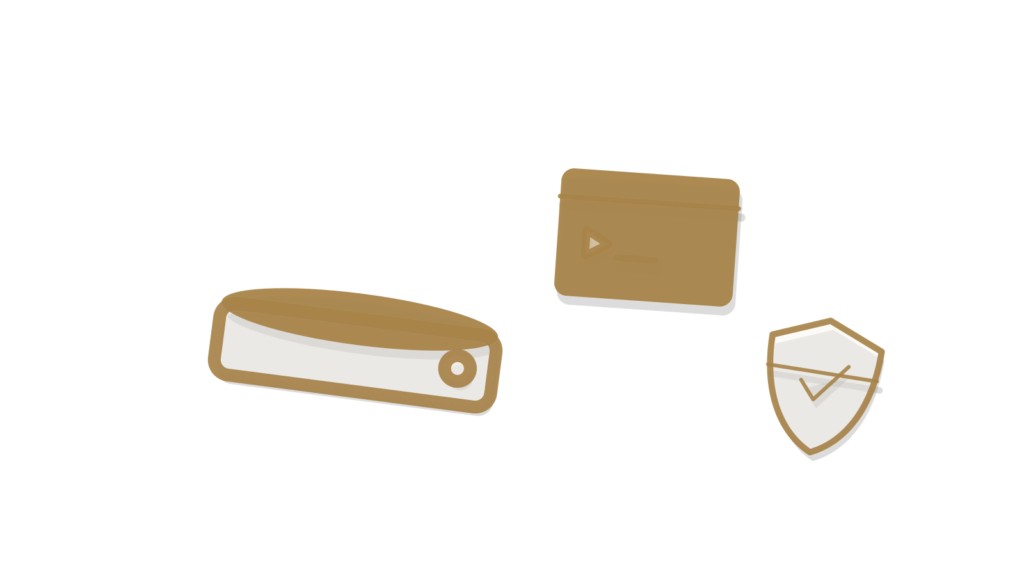 Tray holding a terminal window model and a shield, showing agent actions kept in check.