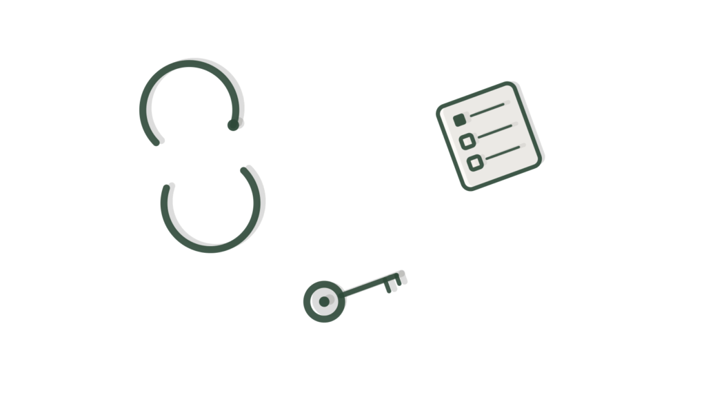 Sync-arrows icon, ticked checklist card and a brass key on a desk, showing agent activity kept under watch.