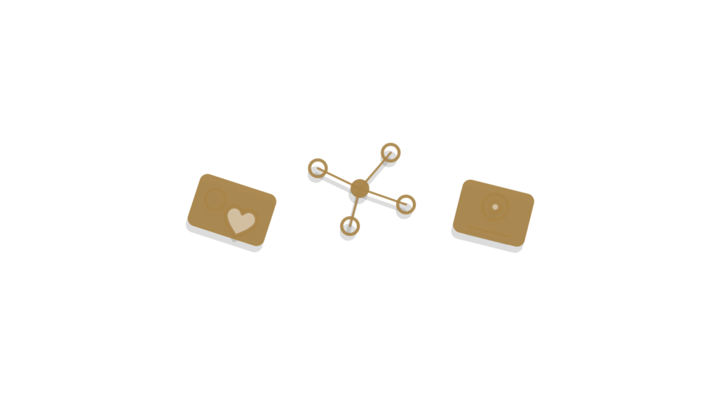 A brass badge clip holding a blank card beside stacked folders, showing a screened candidate booked for interview.