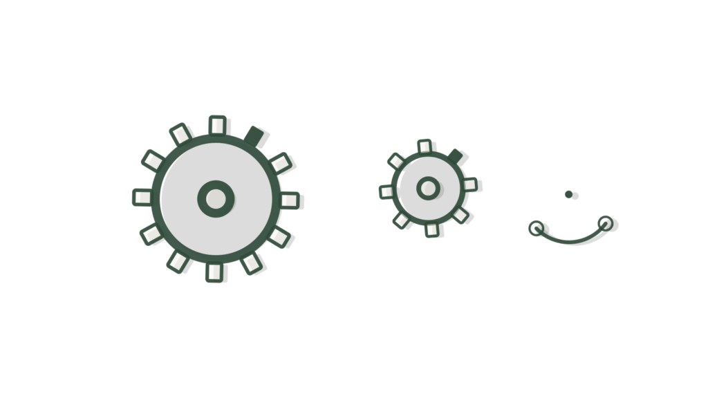 Two meshed brass gears and a bridge arc, representing faster AI-assisted approval decisions.