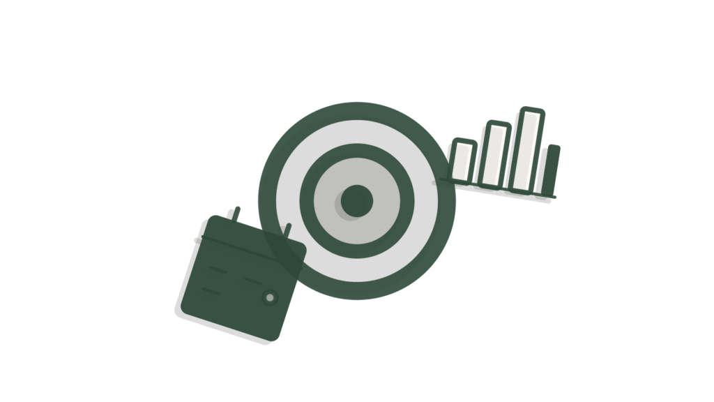 Paper collage of a target ring, a stepped bar chart and a circled calendar date, showing credit traced to a moment in time.