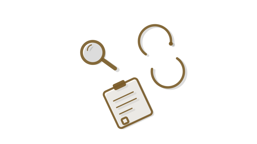 A magnifying glass, sync-arrow charms and a clipboard set in a grid, suggesting scattered voices sorted into themes.
