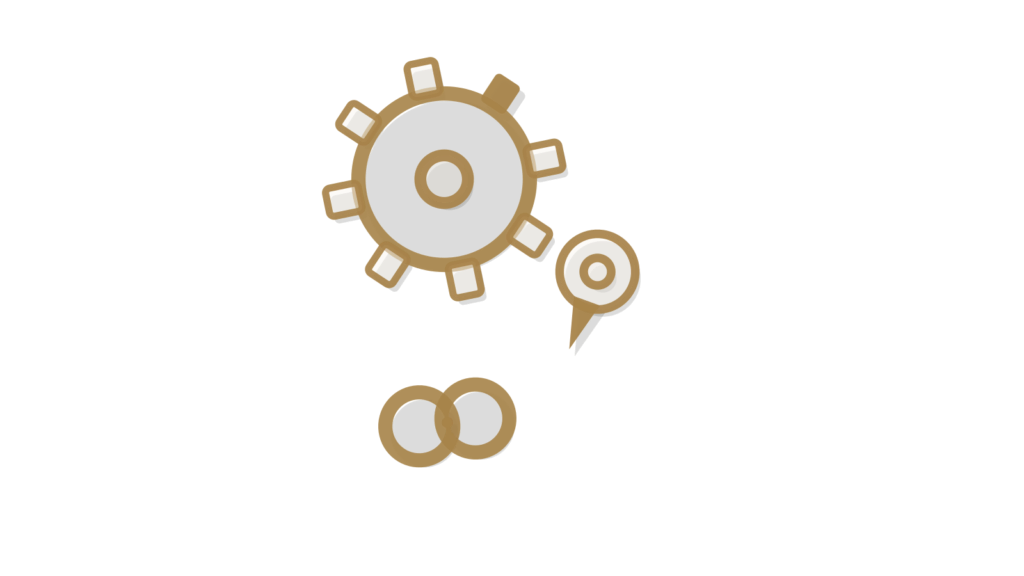Gear, brass pin and a paper chain link together, showing actions kept as a connected record.