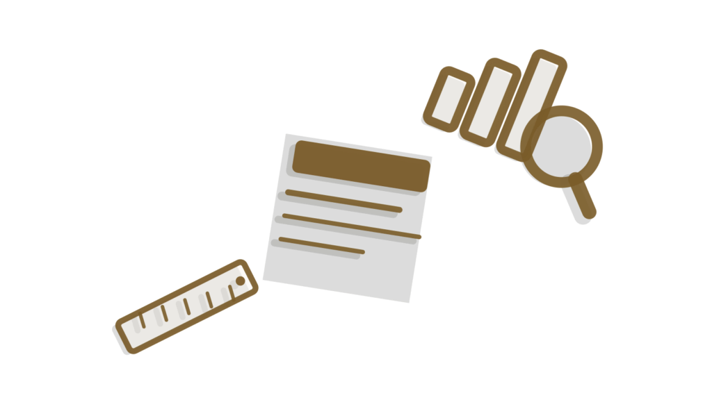 A ruler, a paint dab and a clipboard stacked together, standing for a reusable brand asset set.