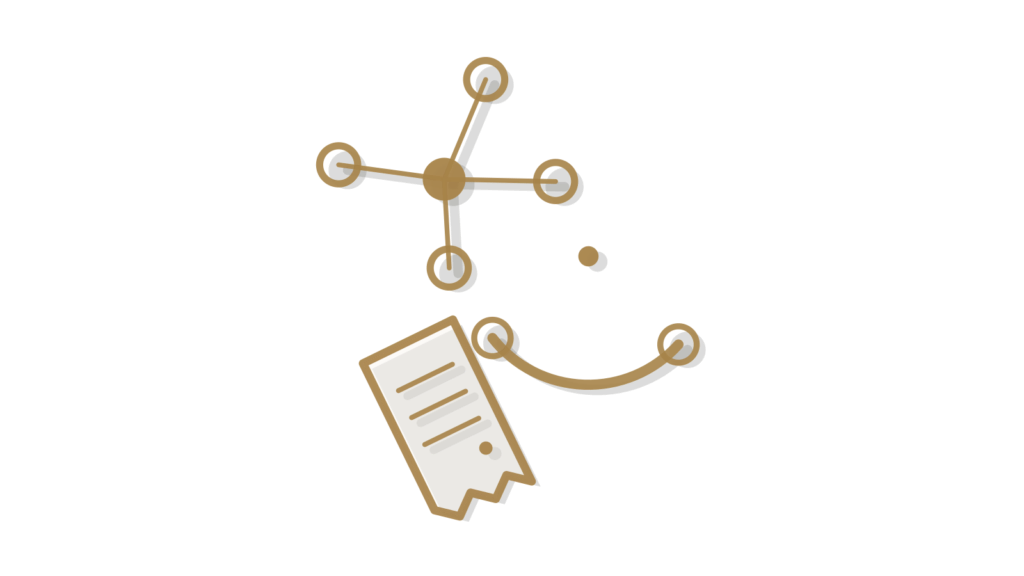 A brass bridge arch over a network of dots and a curling receipt, showing scattered mentions gathered and flagged.