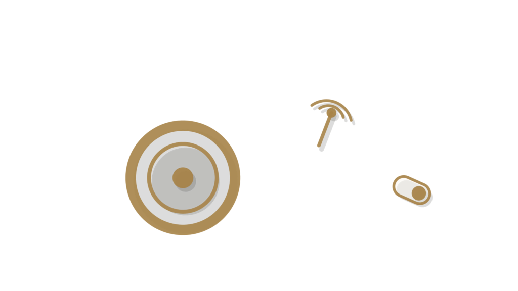 Brass coin, signal tower model and toggle switch grouped together, suggesting matched products bundled as one.