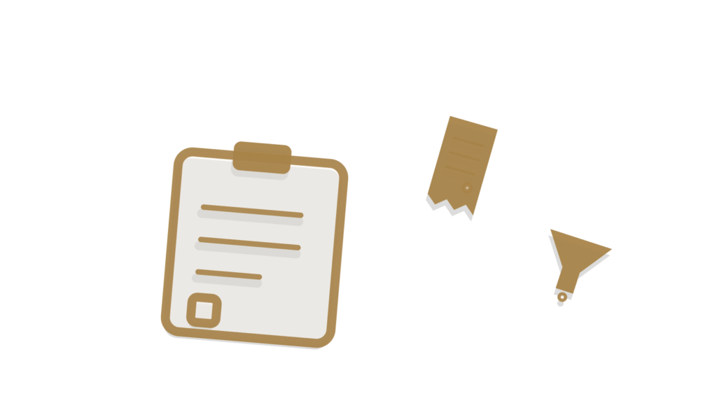 Clipboard, paper receipt and funnel arranged at an angle, showing scattered numbers funneled into one report.