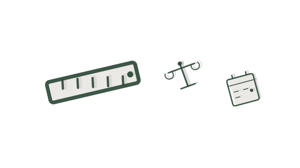 Ruler, balanced scale and circled calendar page arranged together, standing for connected operations as one system.