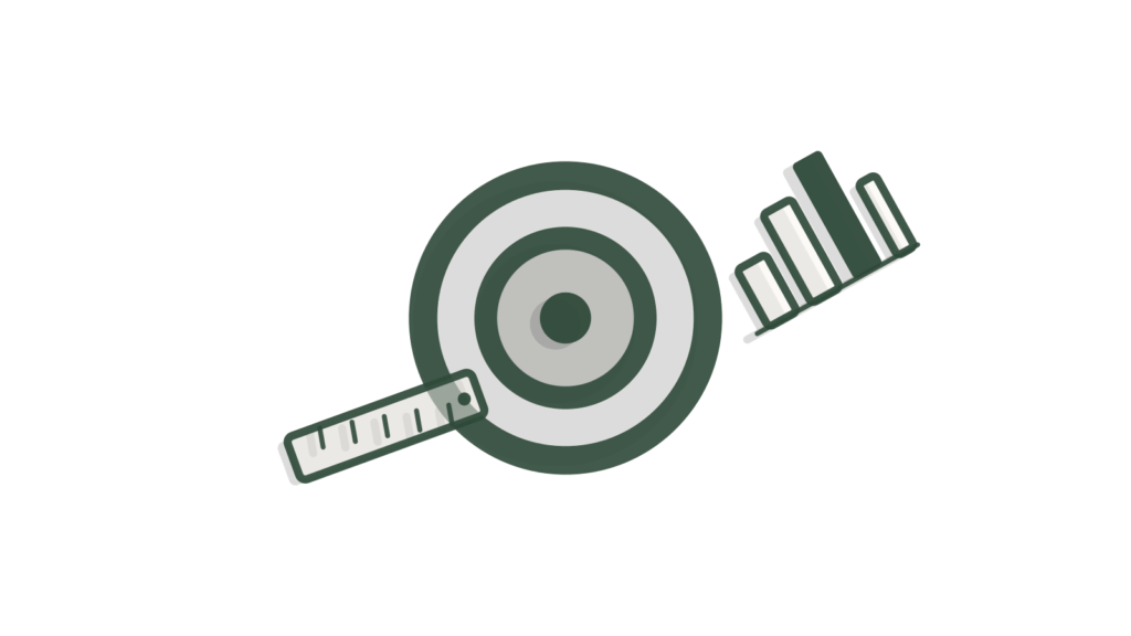 Brass target ring beside small bar-chart blocks and a ruler, showing calls graded against a checklist.
