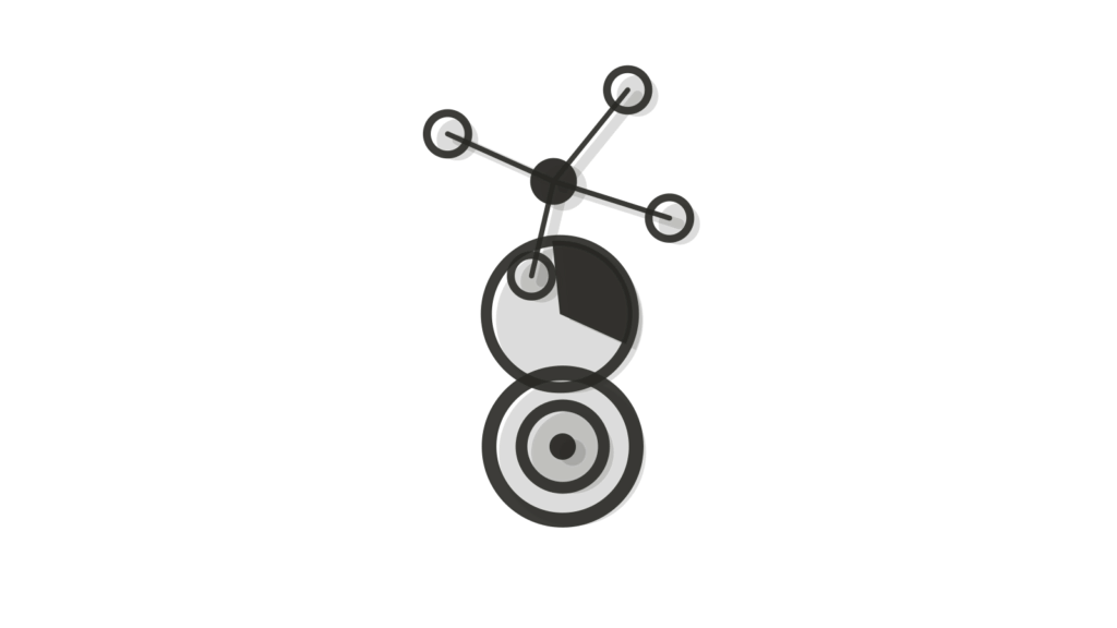 Network of small dots opening onto a brass pie chart and target ring, showing leads judged after the call.