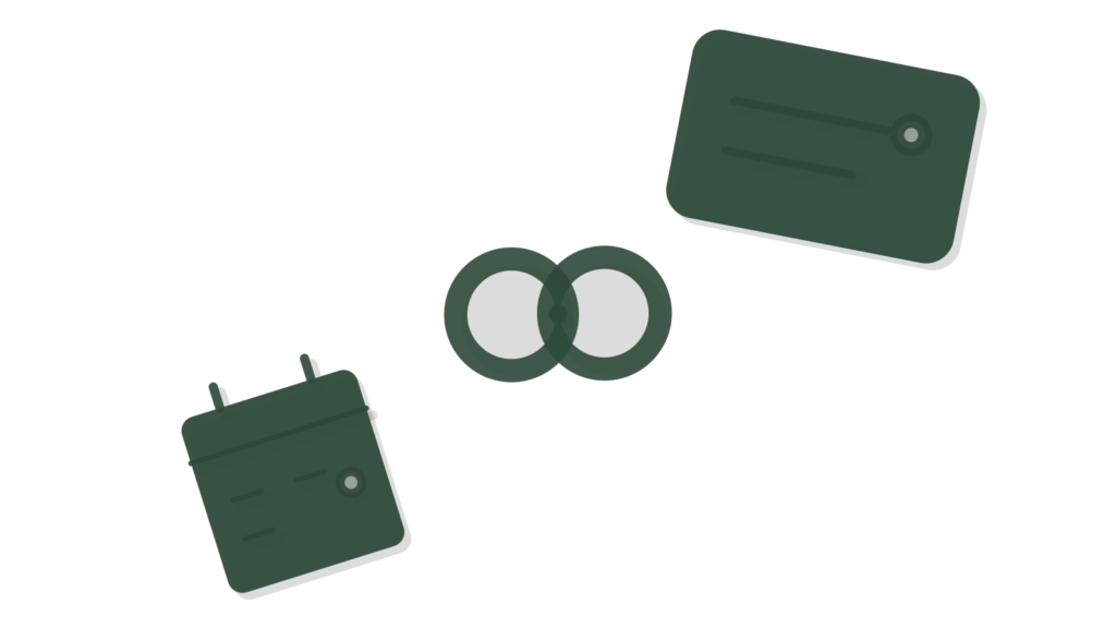 Two brass tin-can phones on green string, one on a paper slip beside an open card box, showing a call filed away.