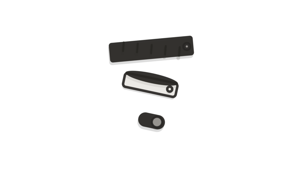 A ruler and toggle switch beside a tray of folded records, suggesting performance measured and a decision made.