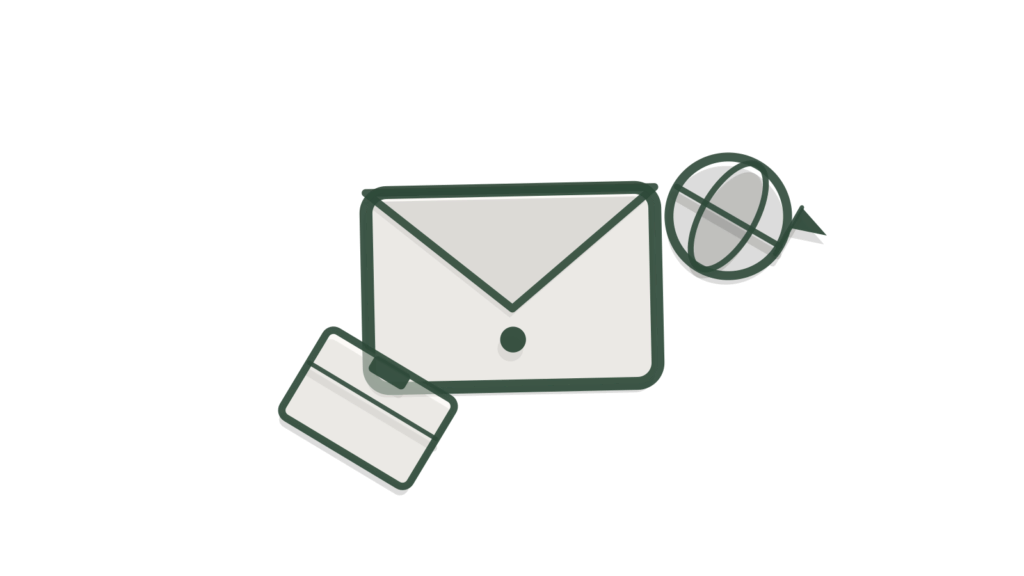A paper envelope, image frame and box arranged as a cut-paper collage, standing for one brief becoming a full creative set.