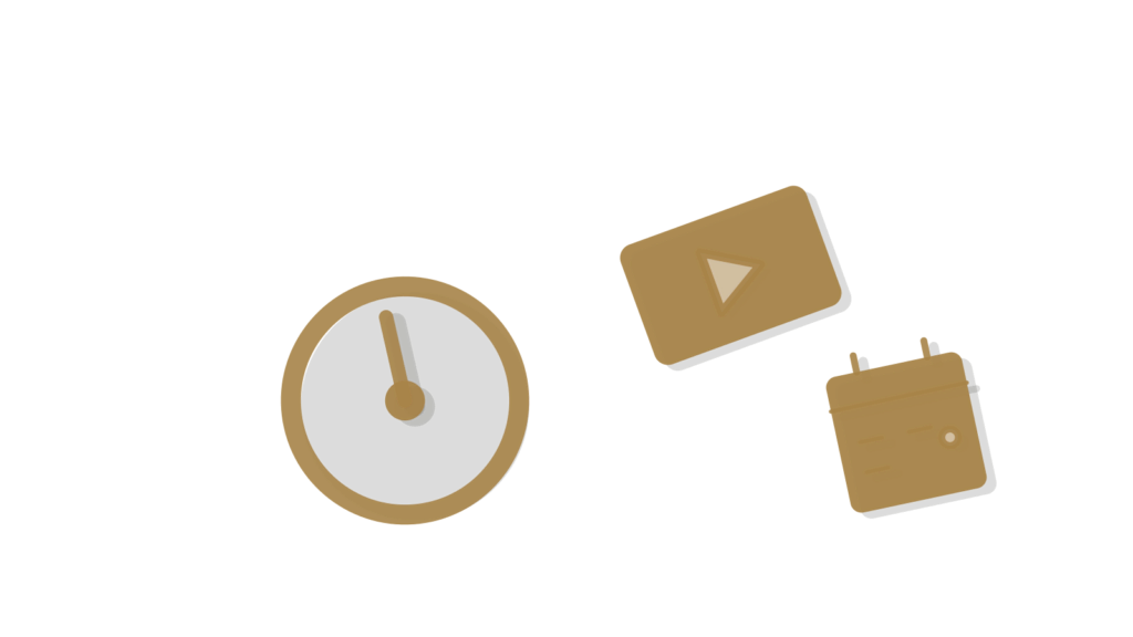 A dial beside stacked video-frame cutouts and a calendar page, standing for captions timed to footage.