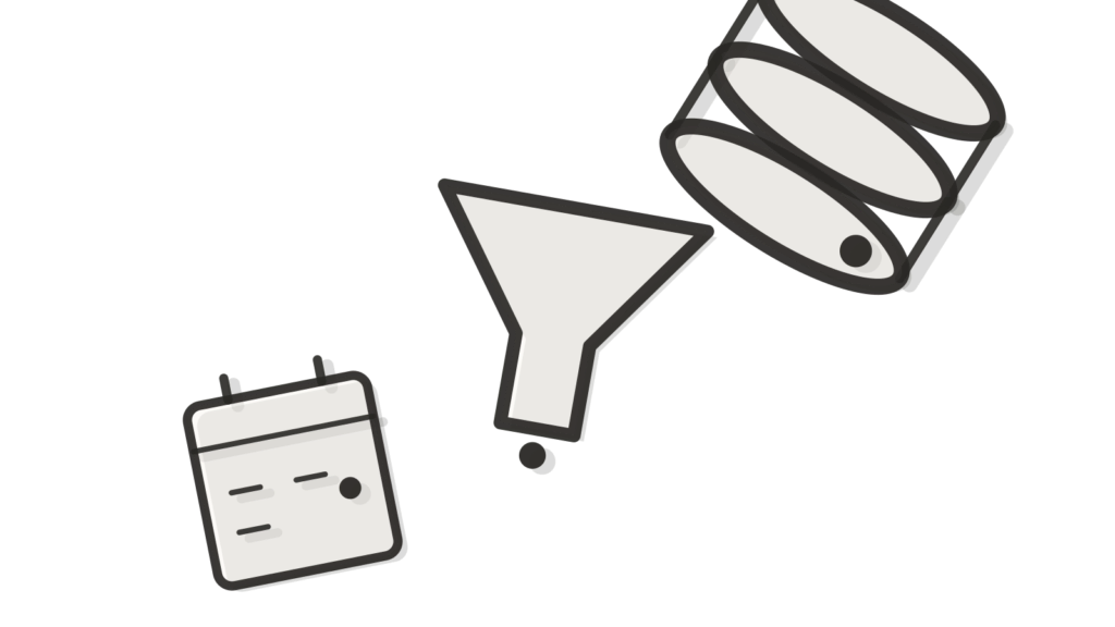 Calendar page, funnel and database icon stacked diagonally, representing cash timing projected from real accounts.