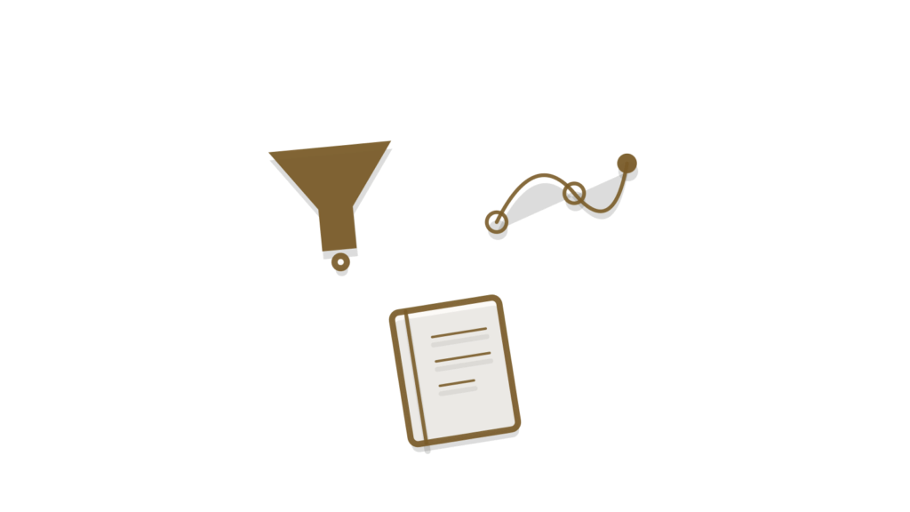 Funnel, flow line and open notebook grouped together, representing many finance areas gathered into one view.