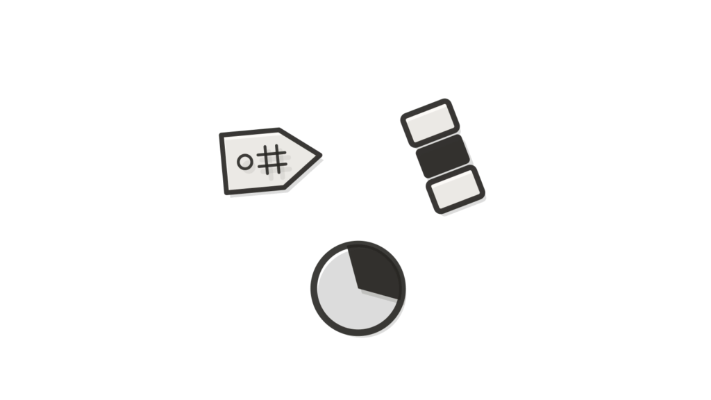 A dial, a paint swatch and a brass token arranged in a grid, suggesting merged work sorted into categories.