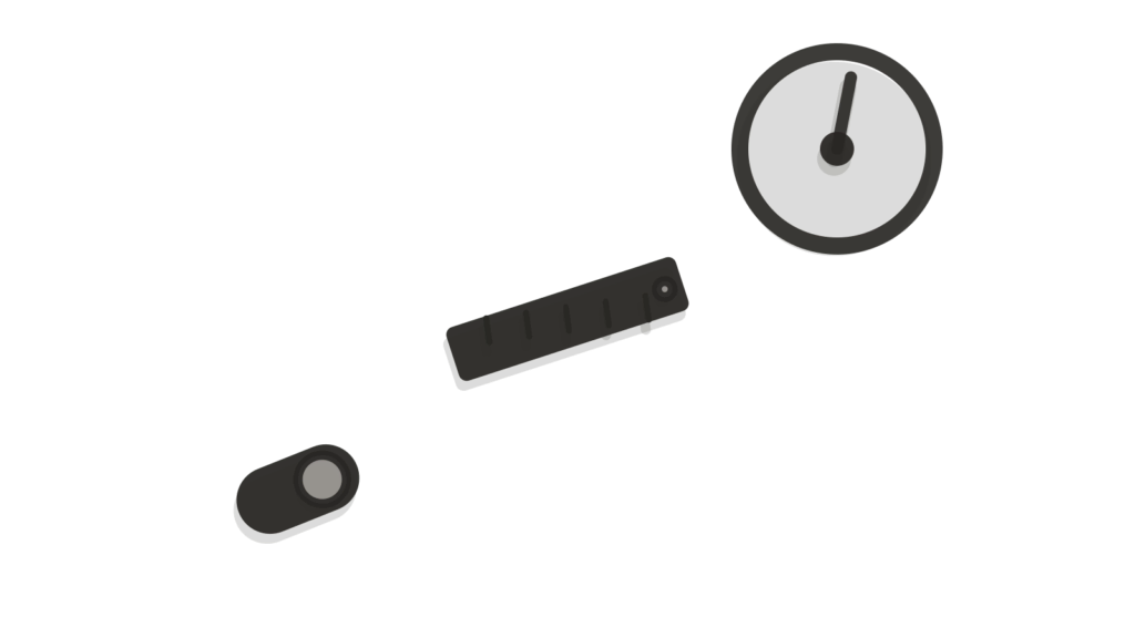 Diagonally stacked toggle switch, ruler and dial gauge, standing in for churn risk predicted and matched to a play.