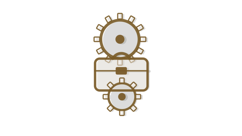 Interlocking gears beside a briefcase holding a document, showing new-client details captured and structured.