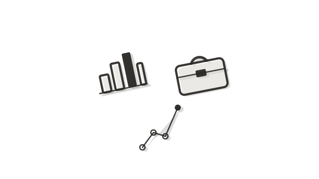 Grid of a bar-chart sculpture, briefcase and trend-line wire, showing client reports assembled automatically.