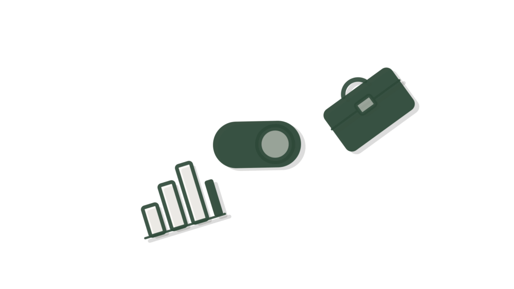 Layered toggle switch, briefcase shape and a rising bar chart, showing client health scored together.