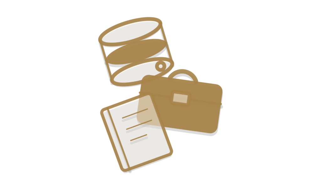 An open portfolio, a brass pen and ribbon-tied reports, showing a firm's past work ready to reuse.