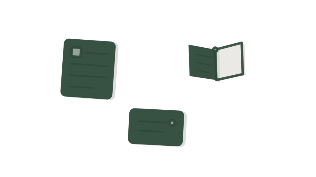 Open ledger book and lined index cards scattered across a desk, representing documents gathered into one place.