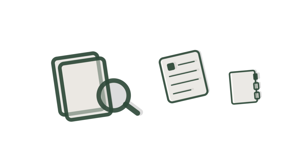 Magnifying glass over a ruled ledger and an open notebook, standing for searching an organization's own memory.
