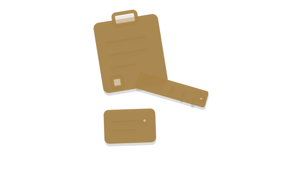 A clipboard, a brass ruler and a propped card, arranged like a store being measured and compared.