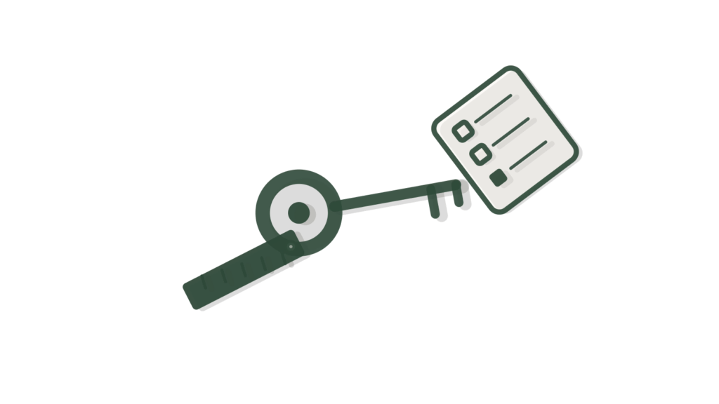 Brass key, ticked checklist and a ruler, showing compliance rules organized into one reference.