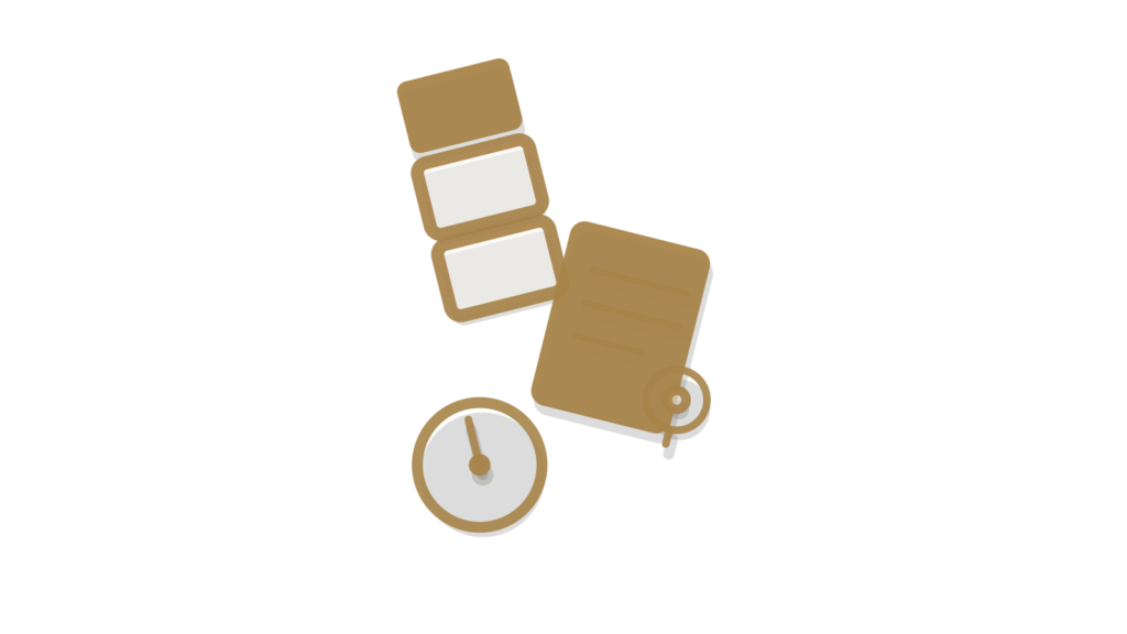 A brass dial and receipt roll arranged isometrically, showing a schedule kept and ticked off over time.