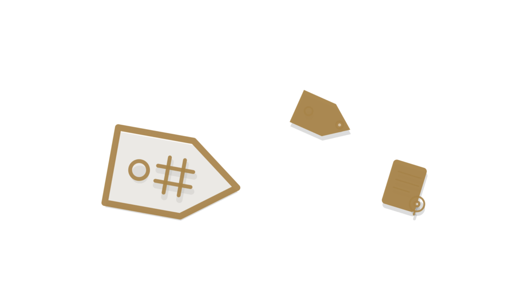 A folded shopping bag, a brass tag and an open green booklet beside a wire return arrow, showing guides for shoppers.
