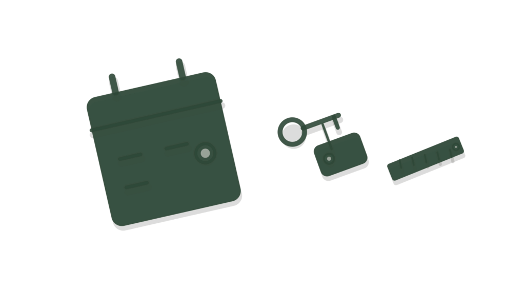 A small house block with a brass door beside three folded letters, showing guides drafted for buyers, renters and sellers.
