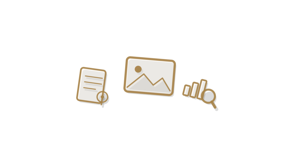 A brass idea charm on a content brief card beside a magnifying glass over a chart, framed in charcoal.