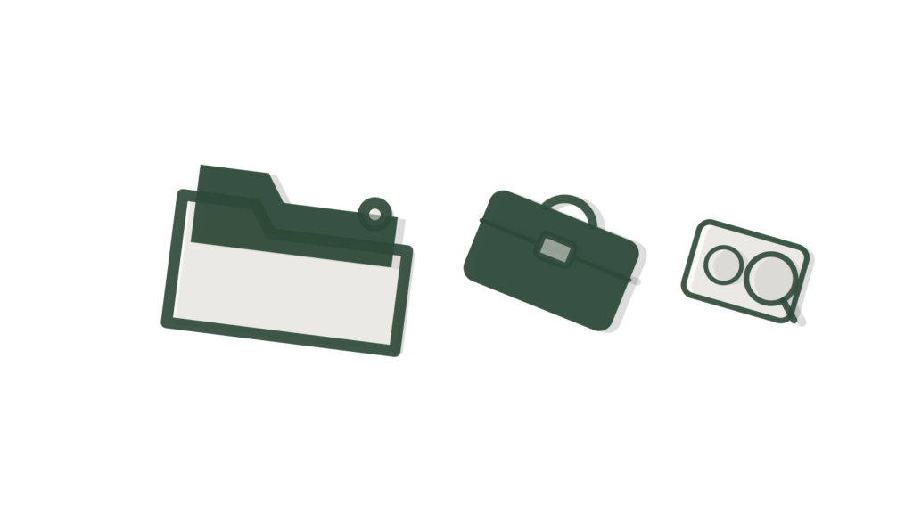 A stack of folders, a briefcase and an open folder arranged overhead, showing a contract distilled to its terms.
