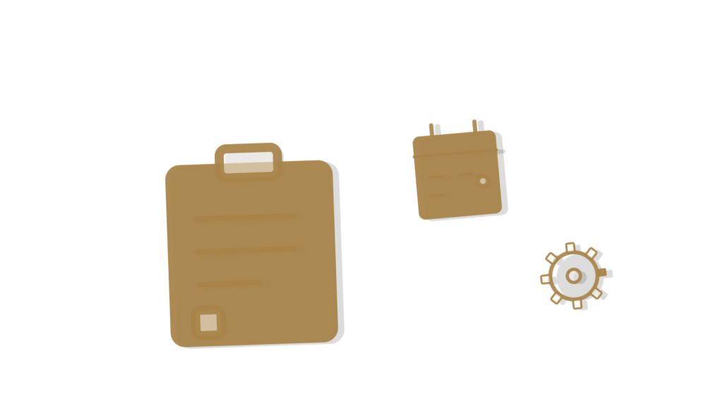 A clipboard, calendar page and gear together, standing for a CRM record updated automatically after a call.